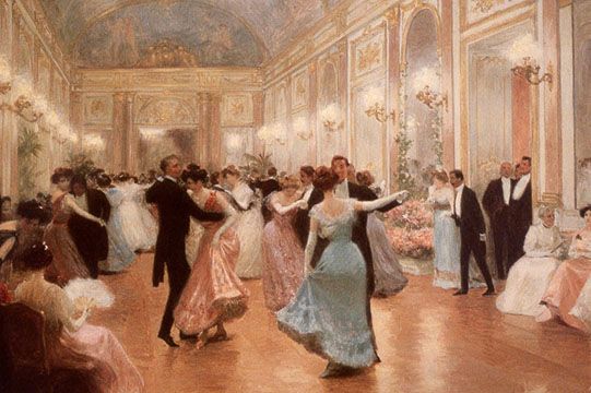 Kristin Holt | Victorian Dancing Etiquette. Dancers in a Gilded Age ballroom. Image: Pinterest.