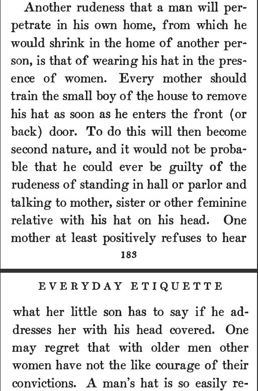 Kristin Holt | Related Article to Hat Etiquette: <em>Everyday Etiquette: A Practical Manual of Social Usages</em> by Marion Harland and Virginia Van de Water </a></span>(1905), pp 183-184.