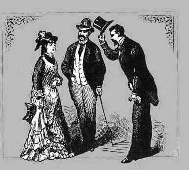 Kristin Holt | Victorian artist's rendition of a man greeting a woman, doffing his hat and bowing to her in social greeting. Image credited to Ask Andy About Clothes.com