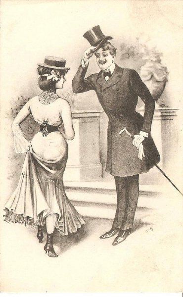 Kristin Holt | Vintage drawing of Victorian man doffing his hat properly to a woman, Hat Etiquette