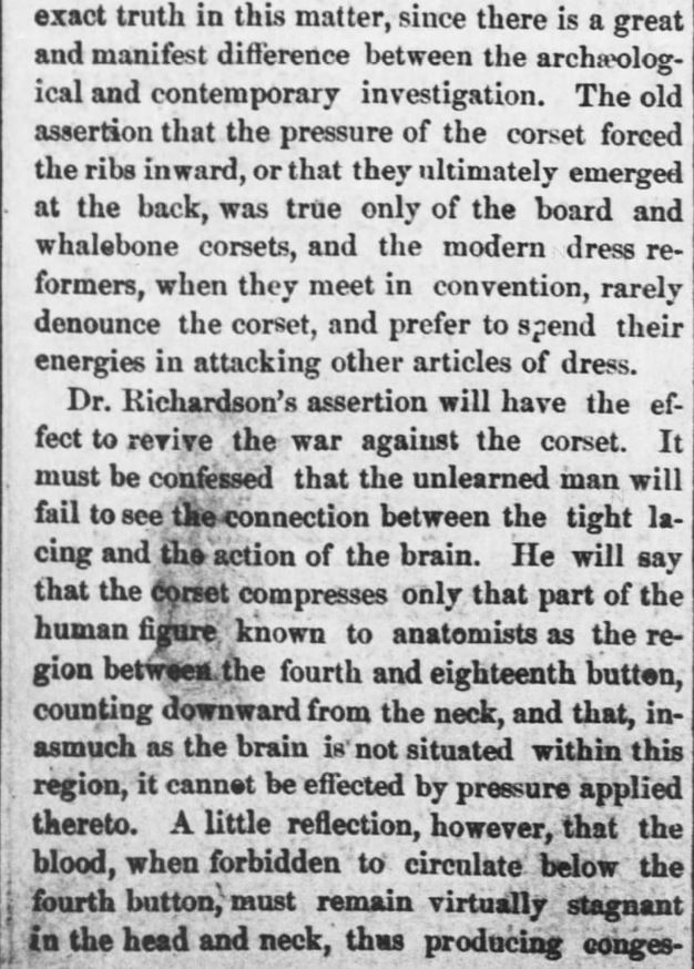 Kristin Holt | Corsets: Damaging Woman's Intelligence (1880). "Woman's Brain.--How it is Being Deadened and Destroyed by Fashion, with Dr. Richardson." Reported in Kansas Farmer of Topeka, Kansas on May 5, 1880. Part 4.
