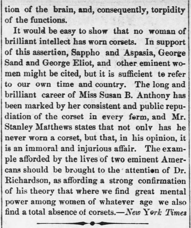 Kristin Holt | Corsets: Damaging Woman's Intelligence (1880). "Woman's Brain.--How it is Being Deadened and Destroyed by Fashion, with Dr. Richardson." Reported in Kansas Farmer of Topeka, Kansas on May 5, 1880. Part 5.