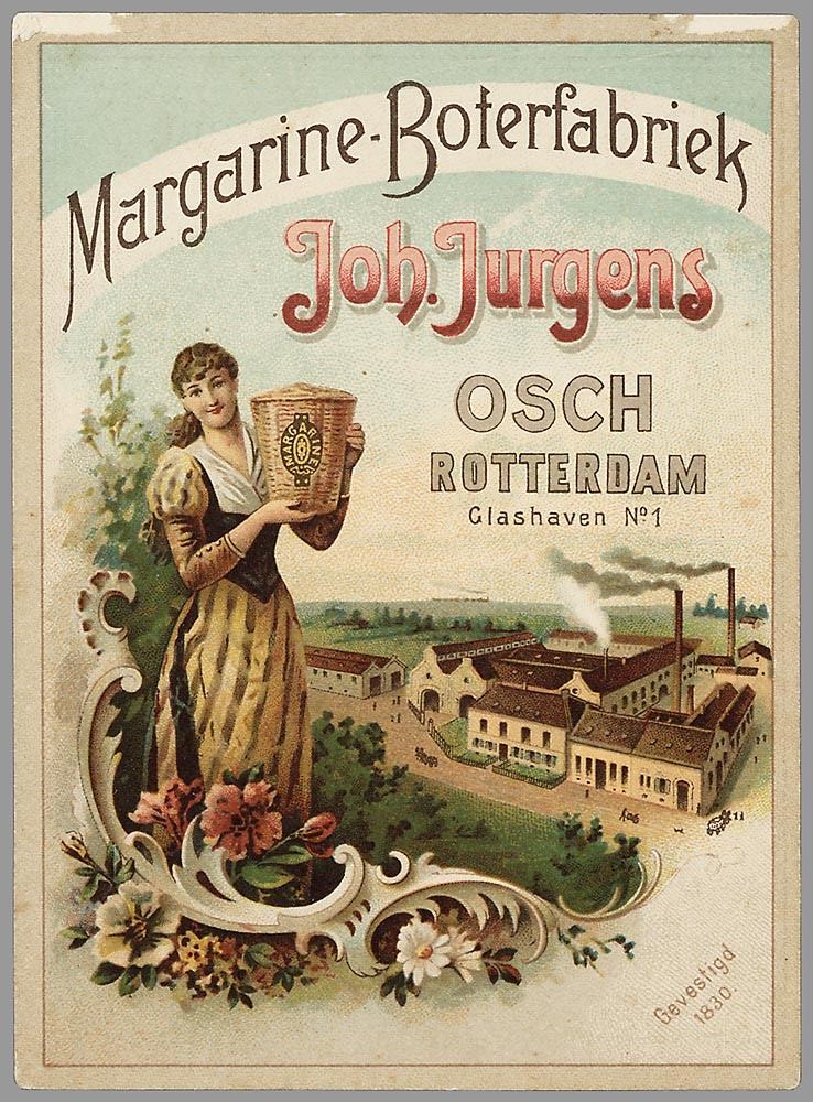 Kristin Holt | This Day in History: May 21. Trade Card advertisement: Margarine-Boterfabriek, Joh. Jurgens, Osch, Rotterdam. Vintage artwork in color.