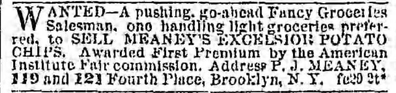 Kristin Holt | Potato Chips in the Old West. Meaney's Excelsior Potato Chips, sold by "A pushing, go-ahead Fancy Groceries Salesman."