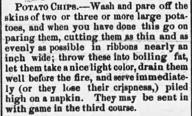 Kristin Holt | Potato Chips in the Old West. Potato Chips recipe published in Feather River Bulletin of Quincy, California on April 1, 1876.