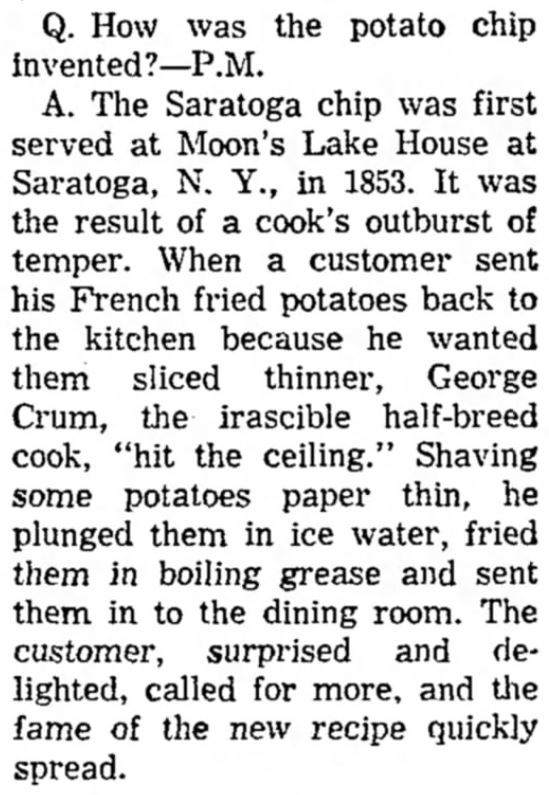 Kristin Holt | Potato Chips in the Old West. Recounting of the Invention of Potato Chips by George Crum, published in <em>The Bakersfield Californian</em> of Bakersfield, California, on January 27, <strong>1955</strong>.