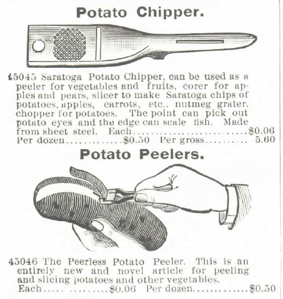 Kristin Holt | Potato Chips in the Old West. Image shows a potato chipper and potato peelers for sale in the1895 Montgomery Ward Spring and Suymmer Catalog, page 436.