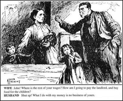 Kristin Holt | Victorian America: Women Control Happiness at Home (1876). Vintage illustration of an angry man shaking a fist at a poor woman and thin, poorly dressed children. Image courtesy of Spartacus Educational.