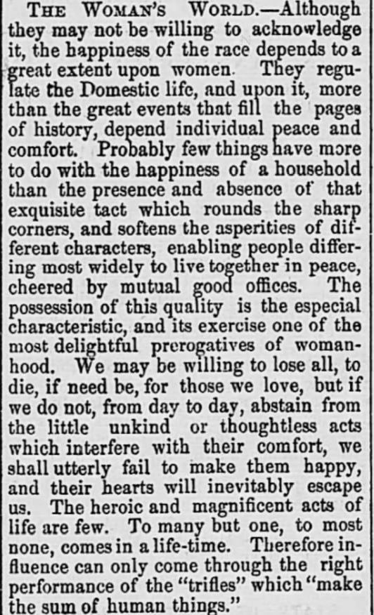 Kristin Holt | Victorian America: Women Control Happiness At Home. Published in The Intelligencer of Anderson, South Carolina on march 23, 1876.