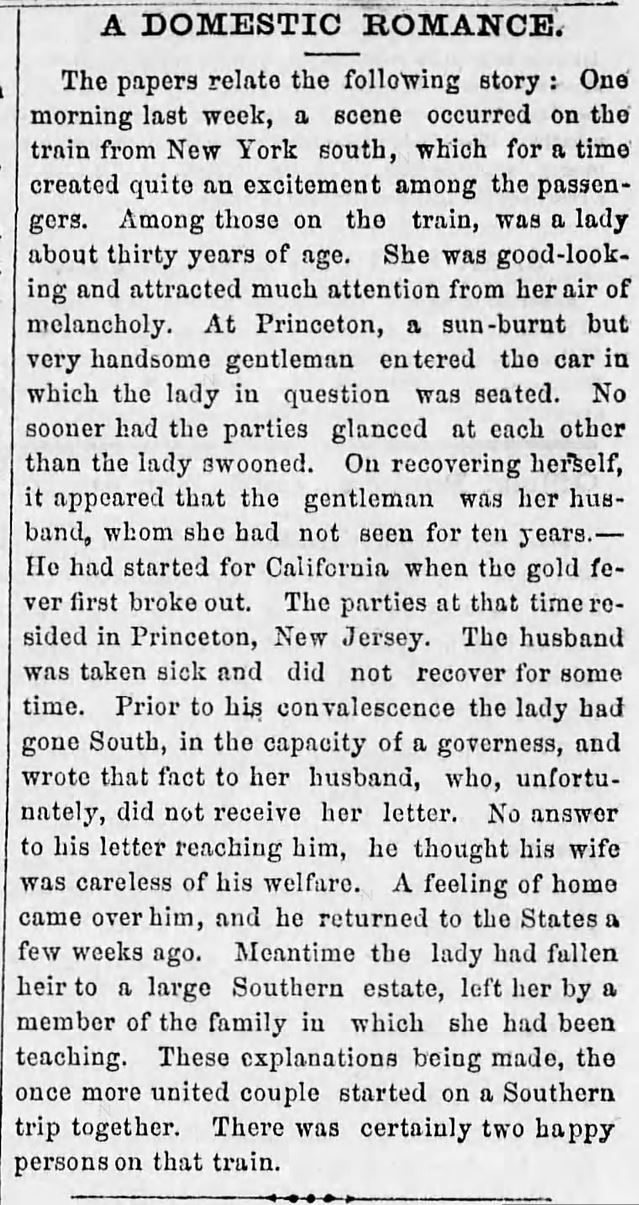 Kristin Holt | This Day in History: August 30. A Domestic Romance; A Married Couple reunites by Fate. Altoona Triubune of Altoona, Pennsylvania. August 30, 1860.