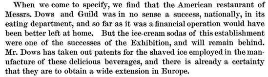 Kristin Holt | The Victorian-era Soda Fountain. Dow's Fountain at Paris Exhibition, a success, espeiclaly Dow's patents for shaved ice. From Reports of the United States Commissioners to the Paris Universal Exhibition, Volume 5, page 6.