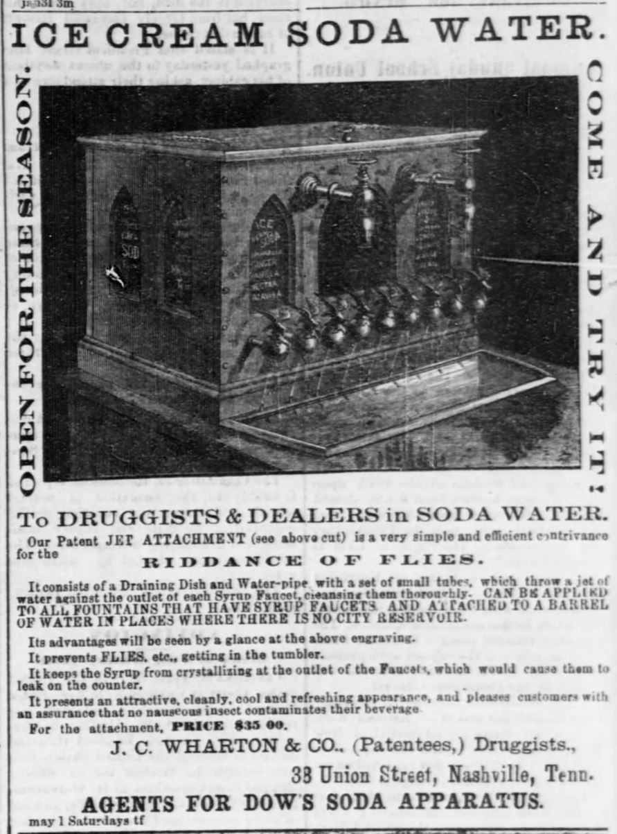 Kristin Holt | The Victorian-era Soda Fountain. From Nashville Union and American of Nashville, Tennessee on May 1, 1869: "To all Druggists and Dealers in Soda Water, Dows Soda Apparatus by J.C. Wharton & Co. (Patentees) Druggists.