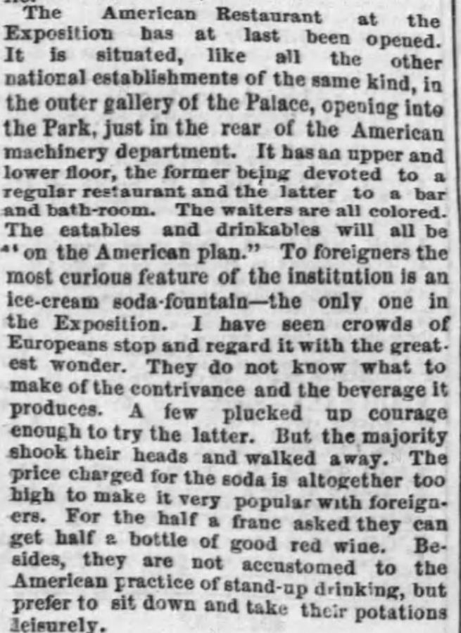 Kristin Holt | The Victorian-era Soda Fountain. One paragraph of a lengthy article about the Paris International/Universal Exhibition, published in Chicago Tribune, Chicago, Illinois. May 19, 1867.