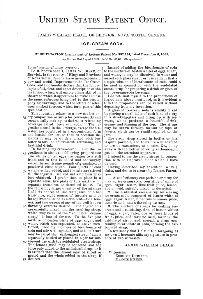 Kristin Holt | Victorian Ice Cream Sodas. Image: US Patent to James William Black.