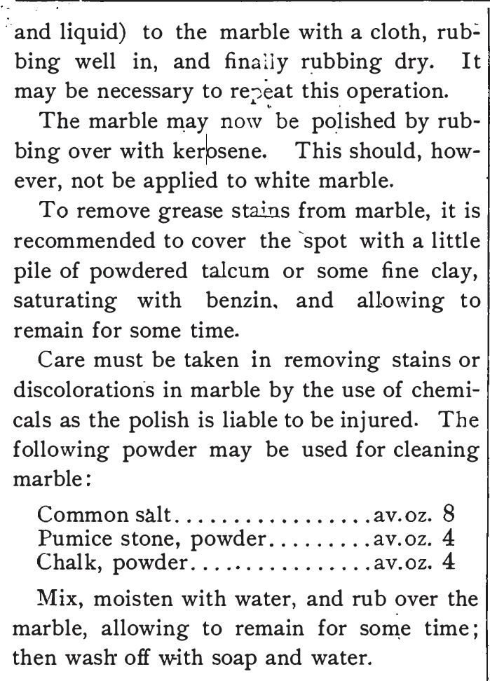 Kristin Holt | The Soda Fountain: Behind the Counter. Recipe for use in cleansing and polishing marble, contained in The Standard Formulary: A Collection of Nearly Five Thousand Formulas for Pharmaceutical Preparations, Family Remedies, Toilet Articles, Veterinary Remedies, Soda Fountain Requisites, and Miscellanious Preparations Especially Adapated to Retail Druggists. By Albert E. Ebert and A. Emil Hiss. 1897-1900.