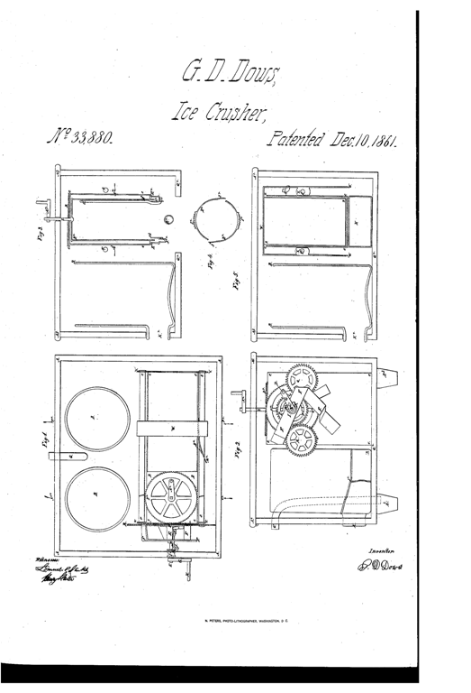 Kristin Holt | The Victorian-era Soda Fountain. Dow's Patent Ice Crusher, patented December 10, 1861. U.S. Patent No. 33,880, vintage illustration.