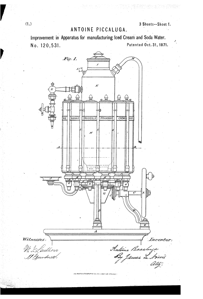 Kristin Holt | The Victorian-era Soda Fountain. Piccaluga Patent, 1871. Improvement in Apparatus for manufactirng Iced Cream and Soda Water. Patent Image, Google. Part 1 of 3.