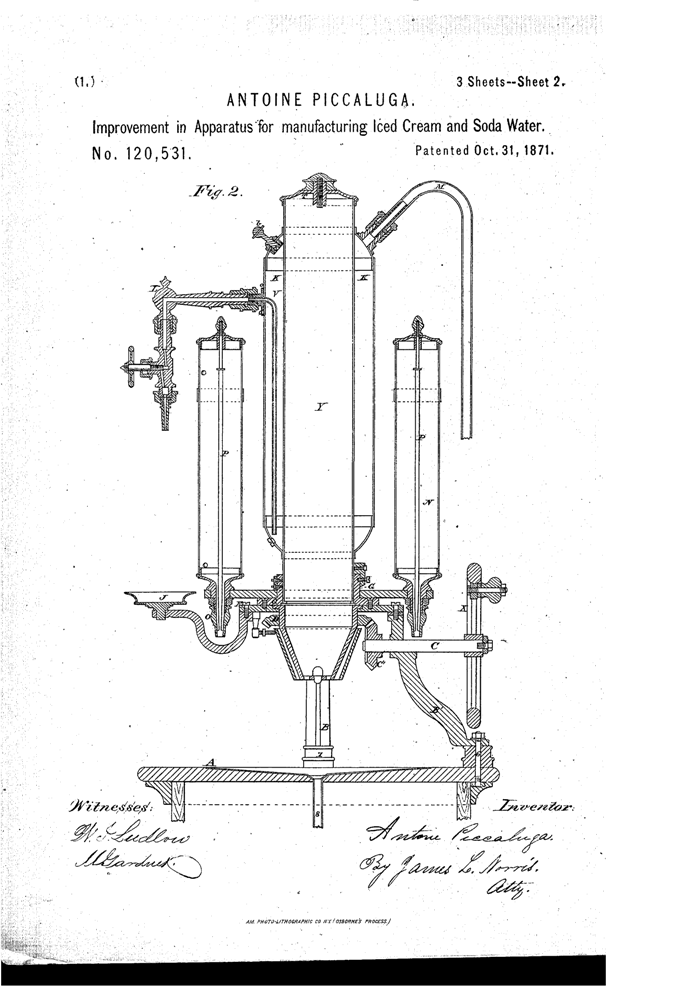 Kristin Holt | The Victorian-era Soda Fountain. Piccaluga Patent, 1871. Improvement in Apparatus for manufactirng Iced Cream and Soda Water. Patent Image, Google. Part 2 of 3.
