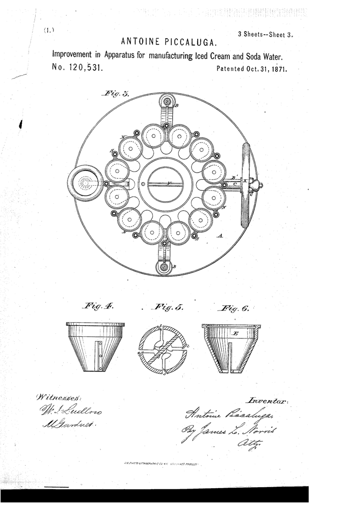 Kristin Holt | The Victorian-era Soda Fountain. Piccaluga Patent, 1871. Improvement in Apparatus for manufactirng Iced Cream and Soda Water. Patent Image, Google. Part 3 of 3.