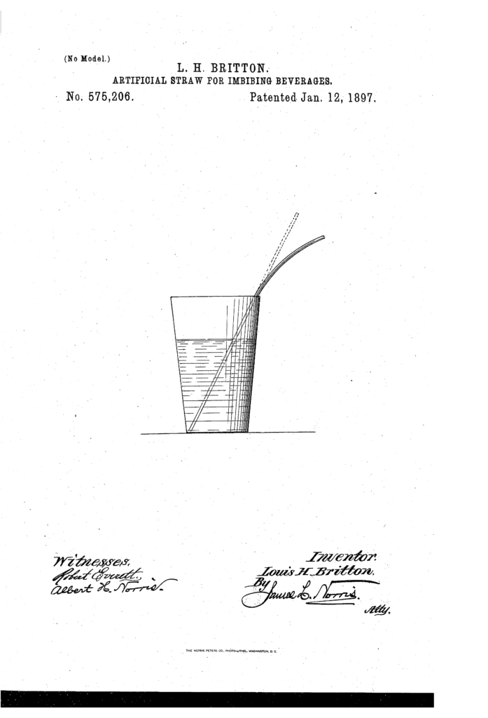 Kristin Holt | Illustration from United States Patnet No 575,206: "Artificial Straw for imbibing beverages, patented by L.H. Britton. January 12, 1897 patent date. Image: Courtesy of Google.