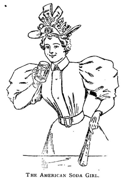 Kristin Holt | The American Soda Girl illustration. Fashion dates this line-art drawing to the mid 1890s. The Spatula Soda Water guide and Book of Formulas for Soda Water Dispensers, 1901.