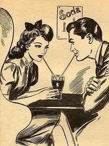 Kristin Holt | Courting couple sharing a single glass of soda, with two straws; an iconic American "dating" image. This particular image shows the trademarked Coca-Cola-shaped glass and styles of the 1940s to 1950s. Image: Pinterest.