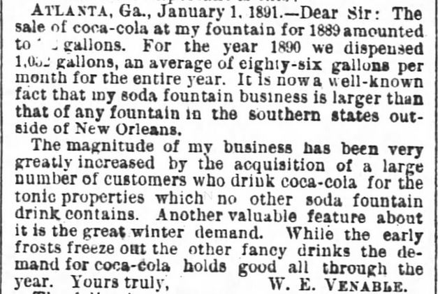 Kristin Holt | Victorian Coca-Cola Gains Popularity...and Critics. From More of Coca-Cola. What Dr. Alexander and Dr. Baird Say. A Talk with Mr. Candler--Rapid Increase of Consumption--Nearly Half a Million Glasses in Atlanta. Published in The Atlanta Constitution of Atlanta, Georgia, on June 21, 1891. Part 2.