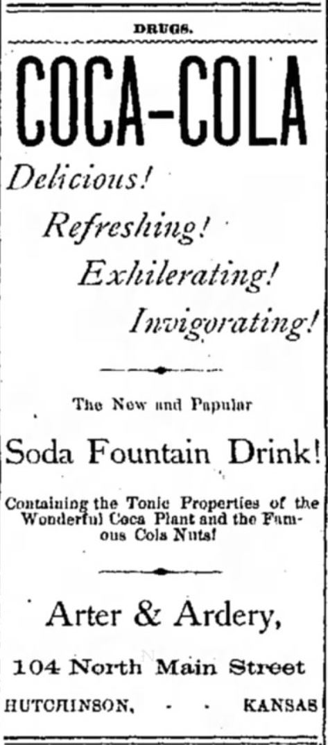 Kristin Holt | New at the Soda Fountain: Coca-Cola! Ad from The Hutchinson News of Hutchinson, Kansas. Dated July 13, 1887.