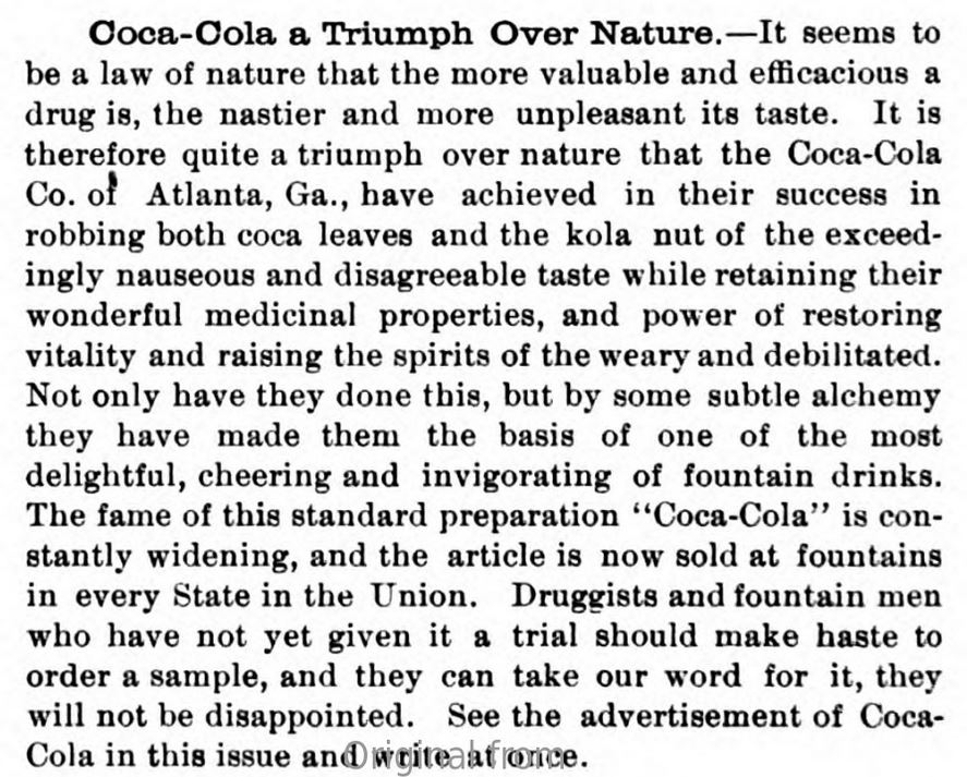 Kristin Holt | Cocaine in Victorian Coca-Cola: Going... Going... Gone? First part of an advertisement in National Druggist, 1896, p. 214, courtesy of Haithi Trust.