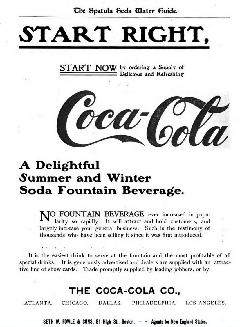 Kristin Holt | New at the Soda Fountain: Coca-Cola! Advertisement for Coca-Cola in the back of The Spatula Water Soda Guide and Book of Formulas, 1901.