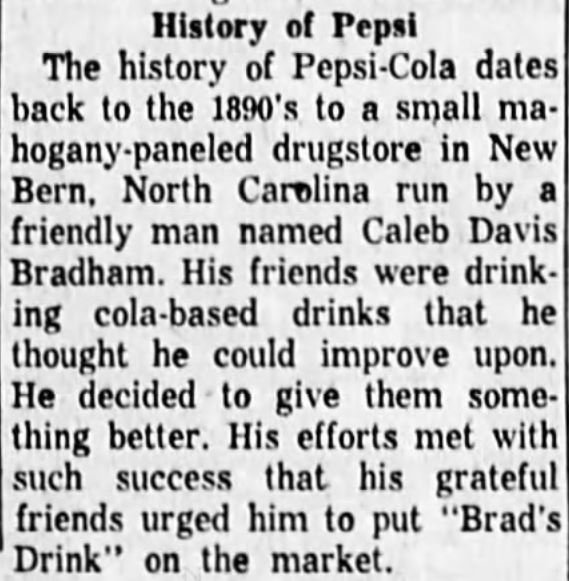 Kristin Holt | New at the Soda Fountain: Pepsi-Cola! History of Pepsi-Cola, as printed in Corvallis Gazette Times of Corvalis, Oregon, April 8, 1959. Part 1 of 2.