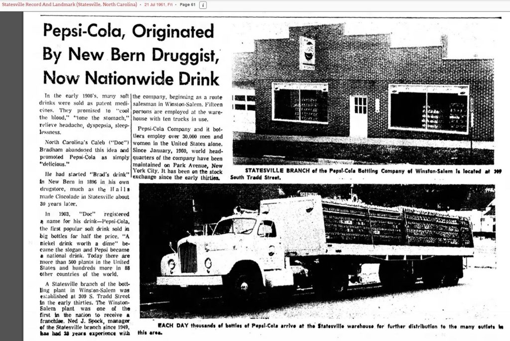 Kristin Holt | New at the Soda Fountain: Pepsi-Cola! History of Pepsi-Cola, as printed in Statesville Record and Landmark of Statesville, North Carolina on July 21, 1961. As the article is difficult to read, I've transcribed the content in full.