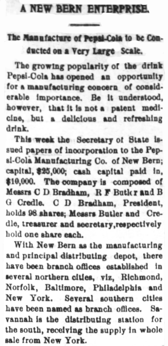Kristin Holt | New at the Soda Fountain: Pepsi-Cola! Pepsi is not a patent medicine, is not only for summer. From New Berne Weekly Journal of New Berne, North Carolina, January 6, 1903. Part 1 of 2.