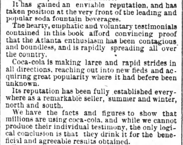 Kristin Holt | Victorian Coca-Cola Gains Popularity...and Critics. From More of Coca-Cola. What Dr. Alexander and Dr. Baird Say. A Talk with Mr. Candler--Rapid Increase of Consumption--Nearly Half a Million Glasses in Atlanta. Published in The Atlanta Constitution of Atlanta, Georgia, on June 21, 1891. Part 1.