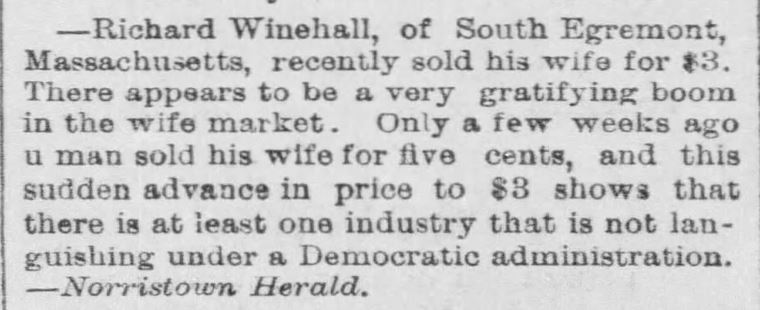 Kristin Holt | For Sale: Wife (Part 2). Democrat and Chronicle of Rochester, New York, February 9, 1886.
