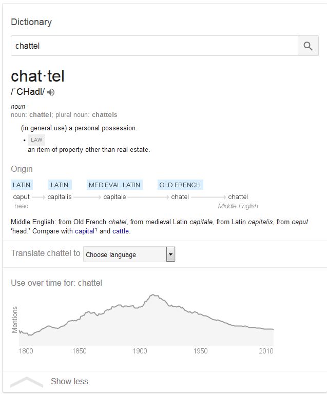 Kristin Holt | Google Dictionary's definition of "Chattel", also showing use over time for "chattel", with a growing frequency throughout 19th century. Related to For Sale: WIFE (Part 1)