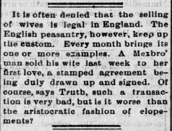 Kristin Holt | For Sale: Wife (Part 2). The Topeka State Journal, Topeka, Kansas, July 29, 1881.