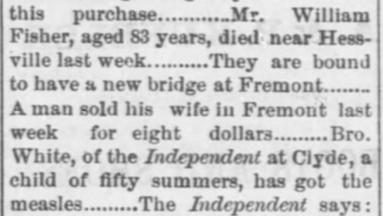 Kristin Holt | For Sale: Wife (Part 2). The Tiffin Tribune of Tiffin, Ohio, March 21, 1872.