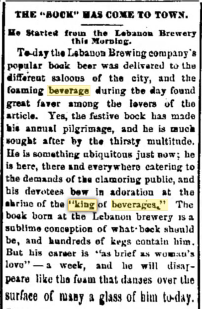 Kristin Holt | Victorian Dr. Pepper (1885). Lebanon Brewery pronounces a foaming offering the "king of beverages." Published in Lebanon Daily News of Lebanon, Pennsylvania on April 20, 1889.