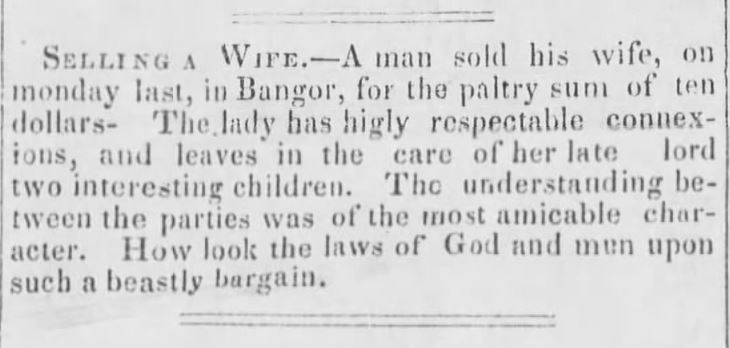Kristin Holt | For Sale: Wife (Part 2). "Selling a Wife," from Green-Mountain Freeman of Montpelier, Vermont, December 13, 1844.