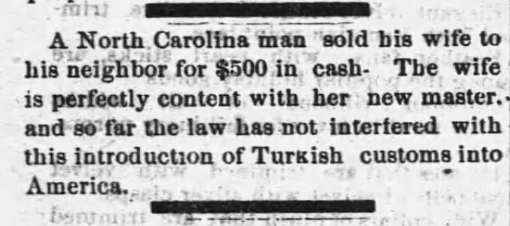 Kristin Holt | For Sale: Wife (Part 2). The Montgomery Advertiser of Montgomery, Alabama, December 26, 1882.