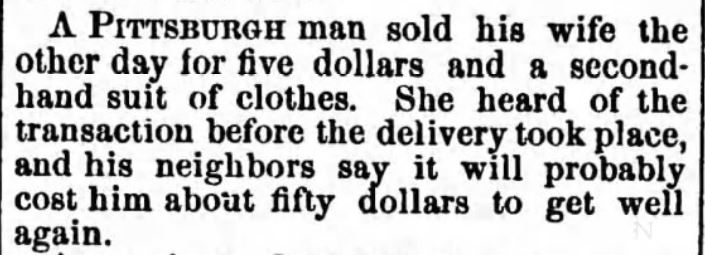 Kristin Holt | For Sale: Wife (Part 2). The Worthington Advance of Worthington, Minnesota, May 23, 1874.