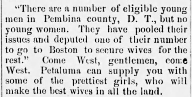 Kristin Holt | Would Frontiersmen Pool Resources for Potential Brides? Clipping from The Petaluma Courier of Petaluma, CA on March 18, 1885.