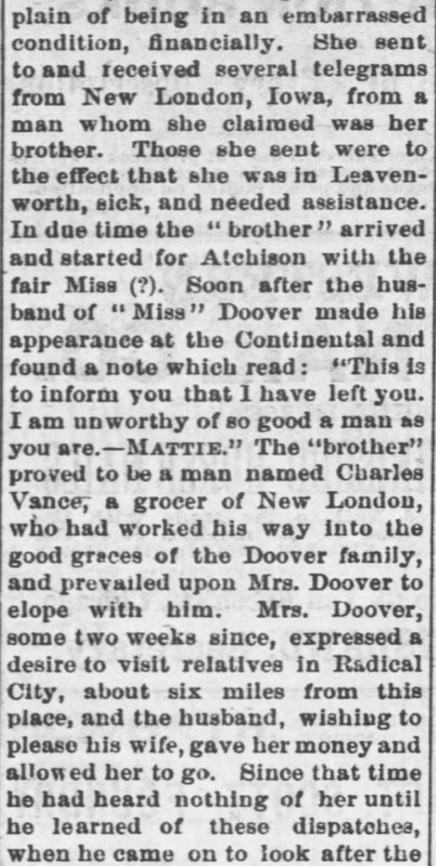 Kristin Holt | This Day in History: August 30. A Most Brutal Affair: A Married Man Elopes With Another's Wife, Leaving His Own to Die. Part 2 of 3. Fort Scott Daily Monitor of Fort Scott, Kansas. August 30, 1876.