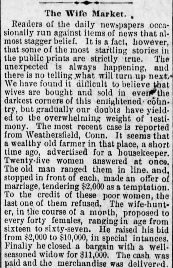 Kristin Holt | For Sale: WIFE (Part 1): The Wife Market, Part 1 of 3, published in Vicksburg Evening Post of Vicksburg, Mississippi on June 30, 1886.