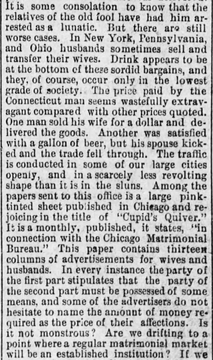 Kristin Holt | For Sale: WIFE (Part 1): The Wife Market, Part 2 of 3, published in Vicksburg Evening Post of Vicksburg, Mississippi on June 30, 1886.
