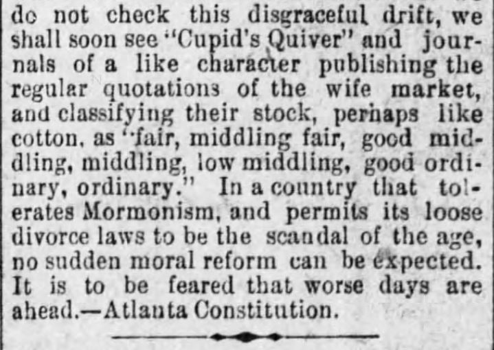 Kristin Holt | For Sale: WIFE (Part 1): The Wife Market, Part 3 of 3, published in Vicksburg Evening Post of Vicksburg, Mississippi on June 30, 1886.