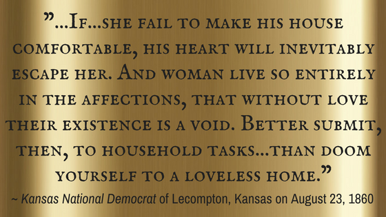 Kristin Holt | Victorian America: Women Responsible for Domestic Happiness (1860). Quote: "...If...she fail to make his house comfortable, his heart will inevitably escape her. And woman live so entirely in the affections, that without love their existence is a void. Better submit, then, to household tasks... than doom yourself to a loveless home."