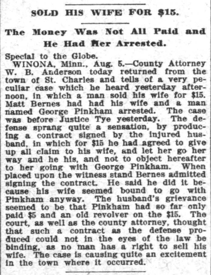 Kristin Holt | For Sale: Wife (Part 2). The Saint Paul Globe of Saint Paul, Minnesota, August 6, 1896.