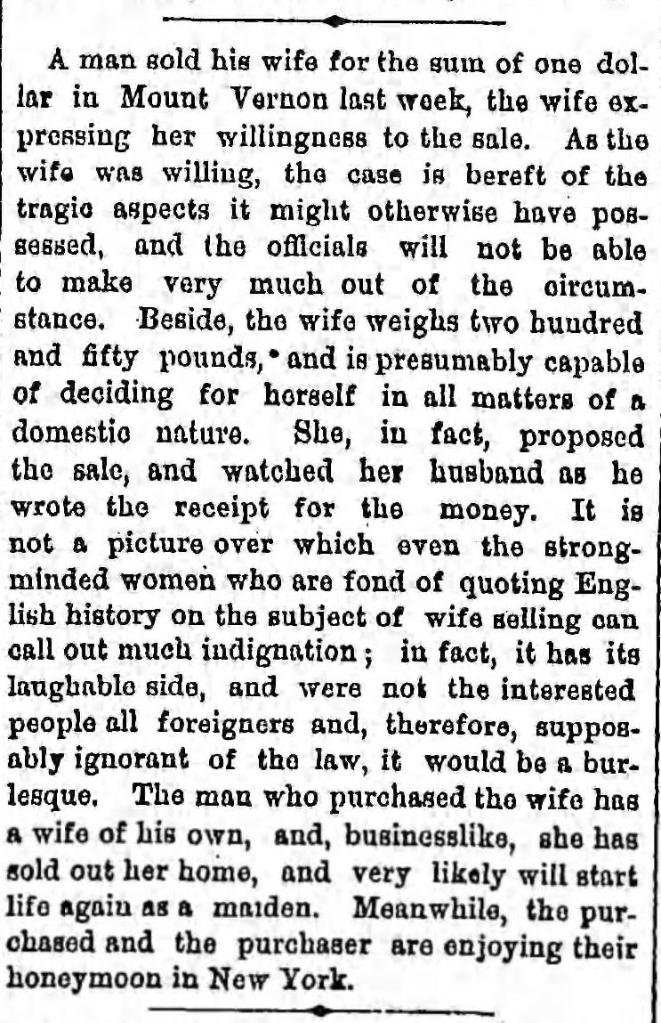 Kristin Holt | For Sale: Wife (Part 2). The Brooklyn Daily Eagle of Brooklyn, New York, August 24, 1881.